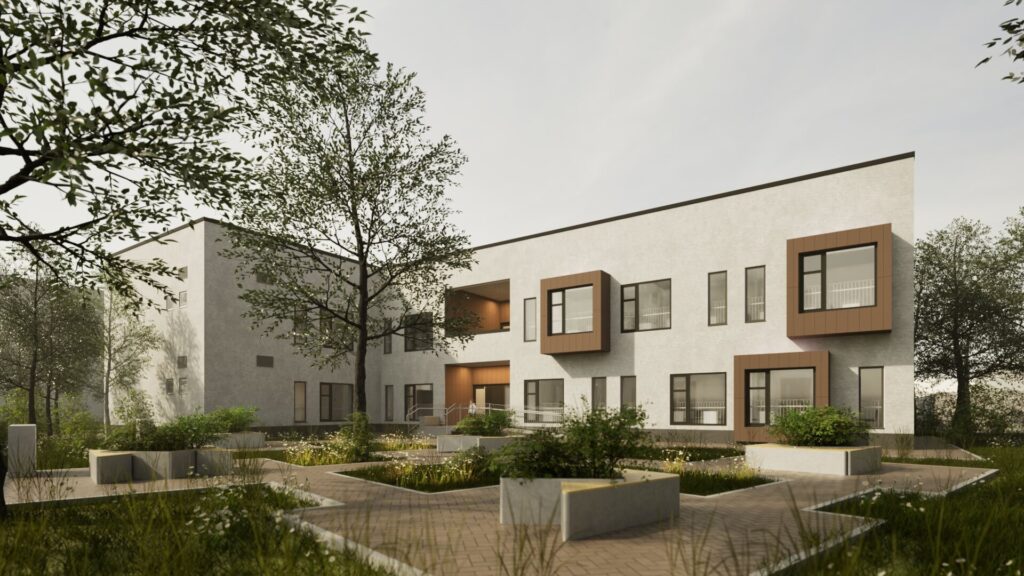 Standardul nZEB - proiect arhitectura scoala vedere zi spre acces